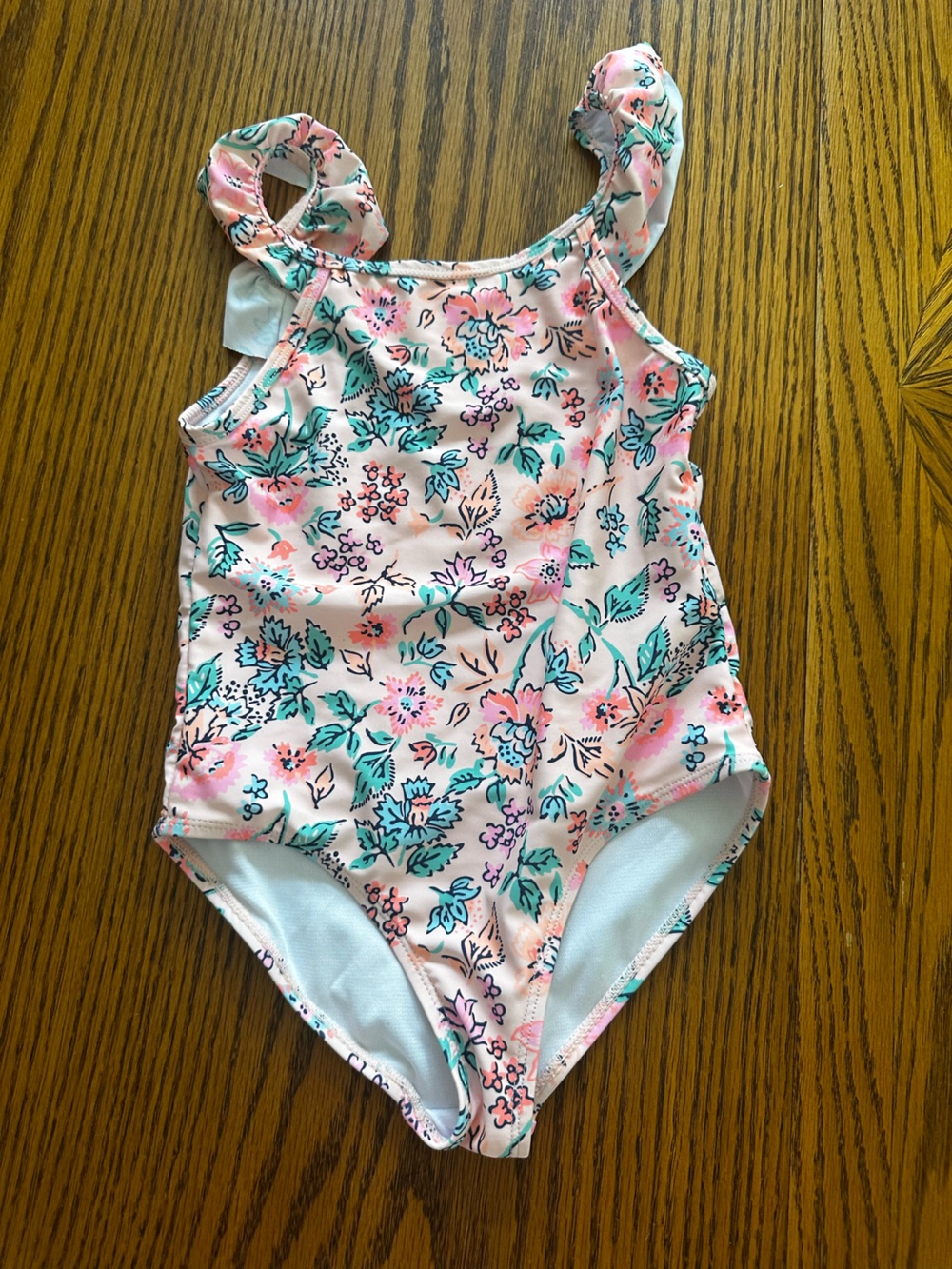 btween Pink Floral One-Piece Swimsuit with Teal Accents